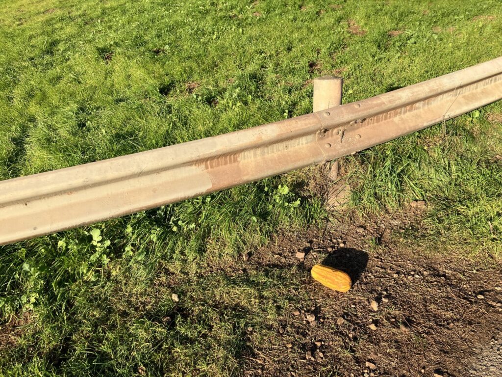 Small oblong winter squash on the ground next to a low guardrail