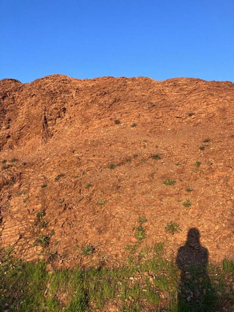 Brown rock face with blue sky above and green grass below. A person’s shadow is in the lower right. 